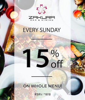 Every sunday 15% off on whole menu at Zakura